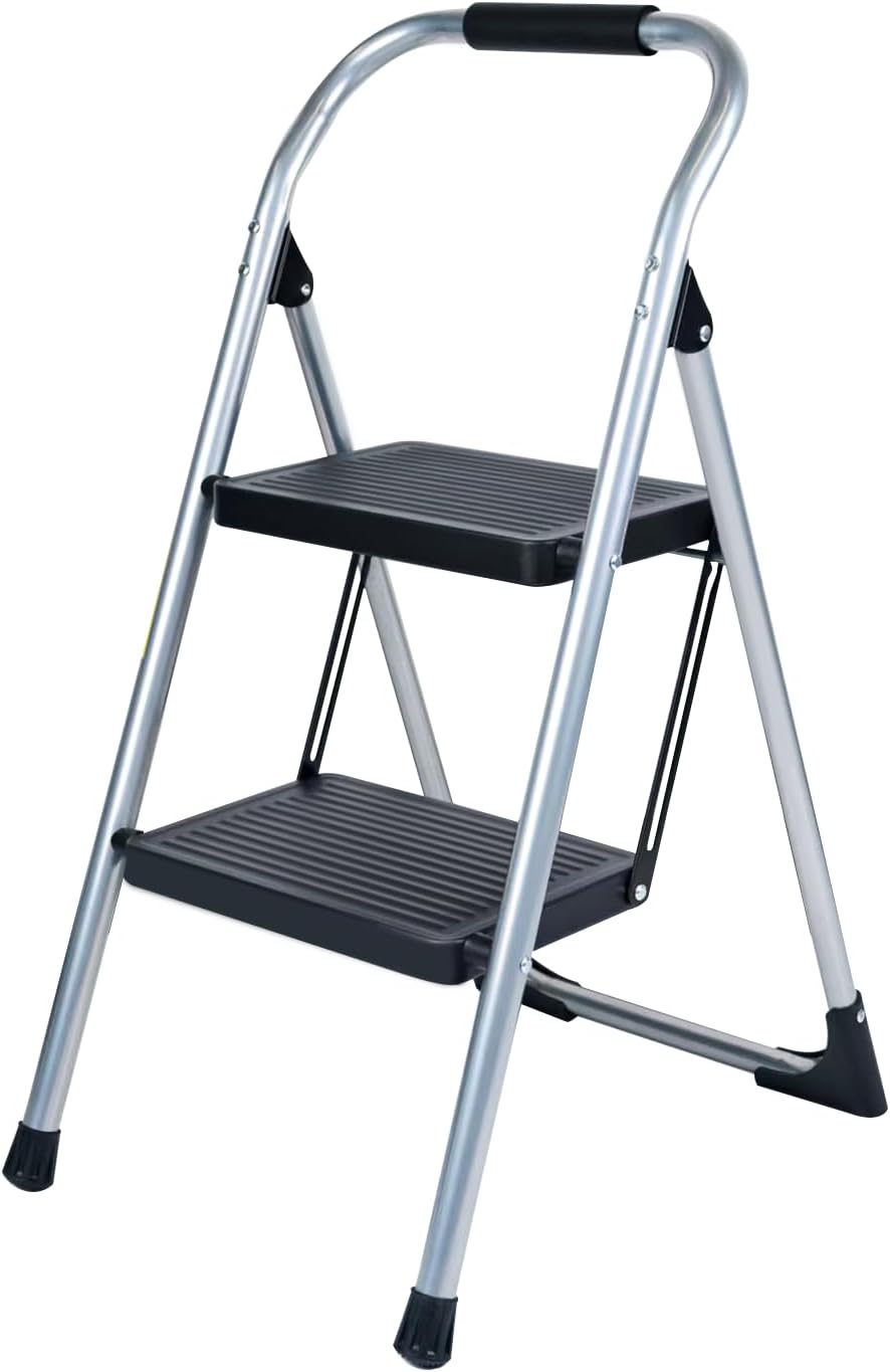 Escalera cocina plegable 2 escalones con pasamanos plateado