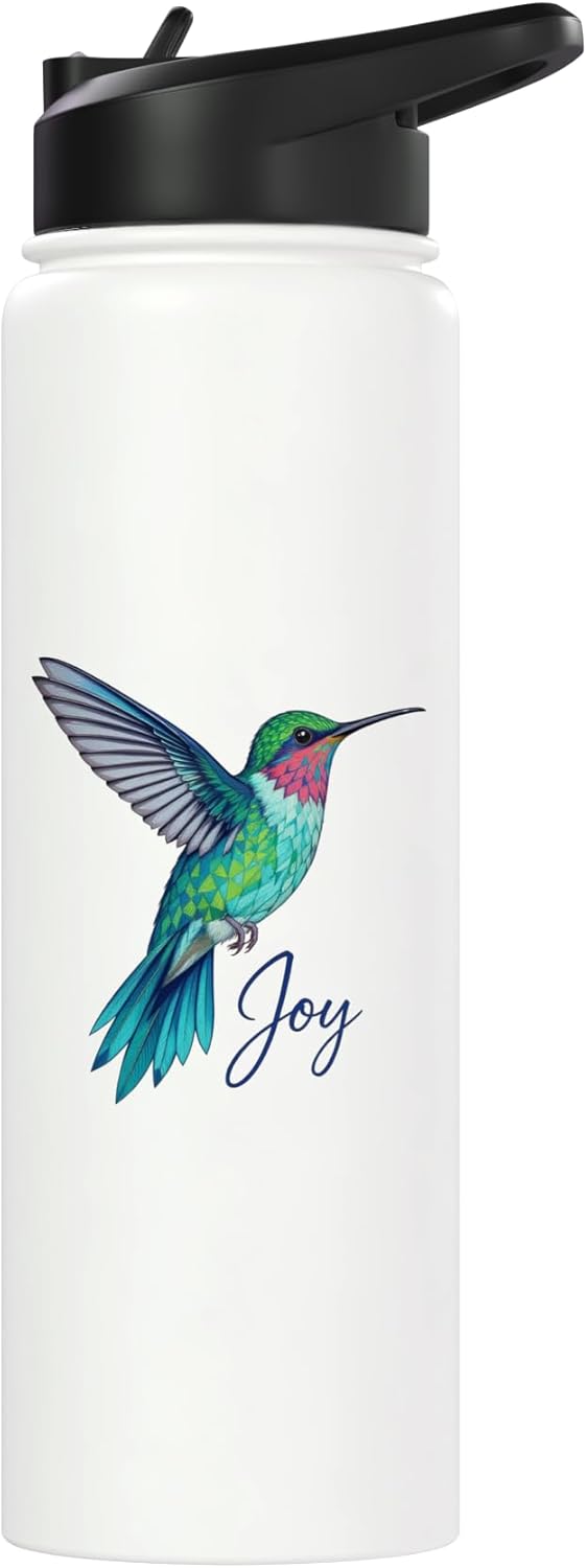 Botella de agua inspiradora geométrica de acero inoxidable con ave colibrí