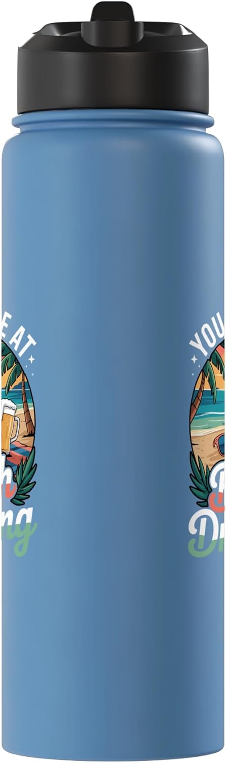Bottella de agua acero inoxidable aislada playa verano retro palmeras