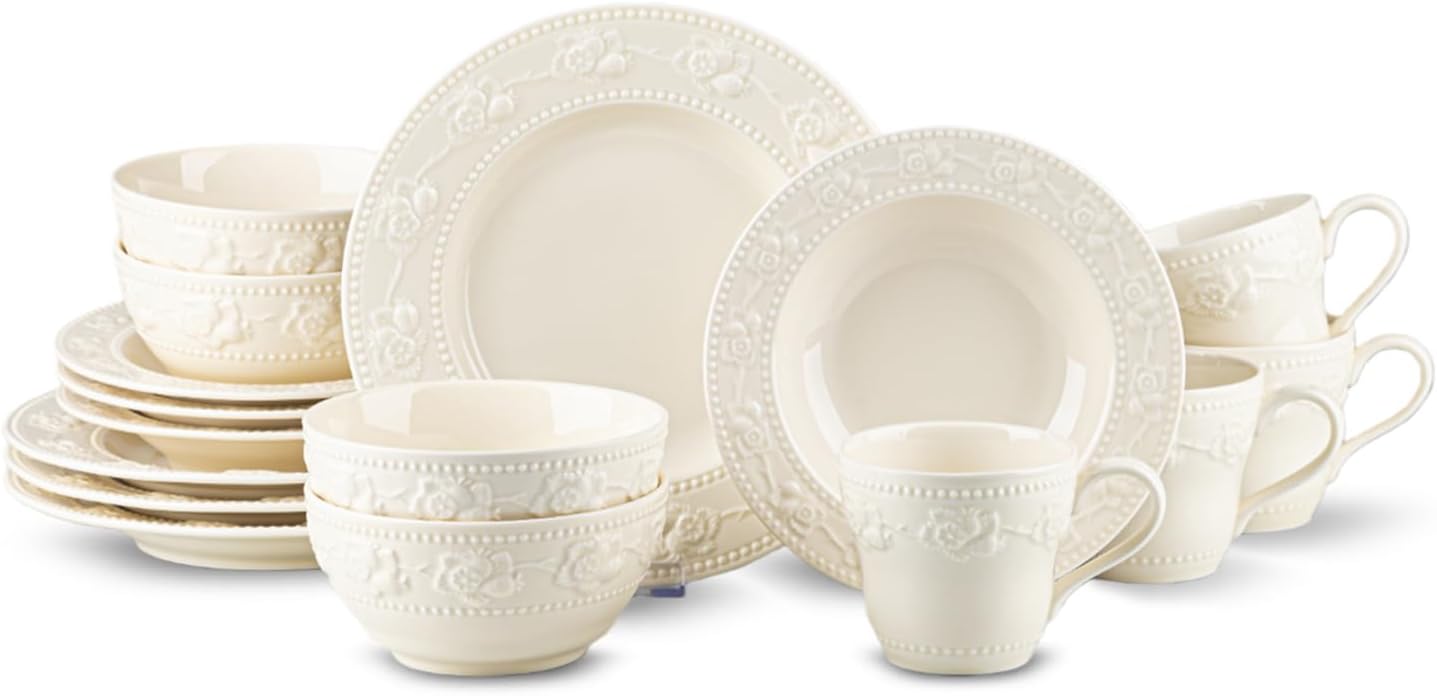 Set 16 Pzas Vajilla Cerámica Fresa Relieve Blanco Marfil