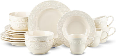 Set 16 Pzas Vajilla Cerámica Fresa Relieve Blanco Marfil