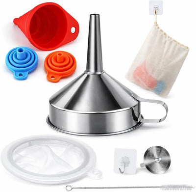 Juego 3 embudos silicona plegables y 1 acero inox para cocina