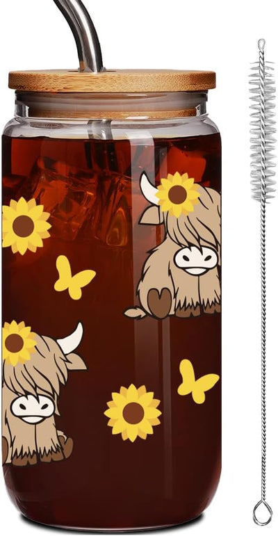 Taza de vidrio Highland Cow con tapa y pajita, regalo para mujeres amantes del café