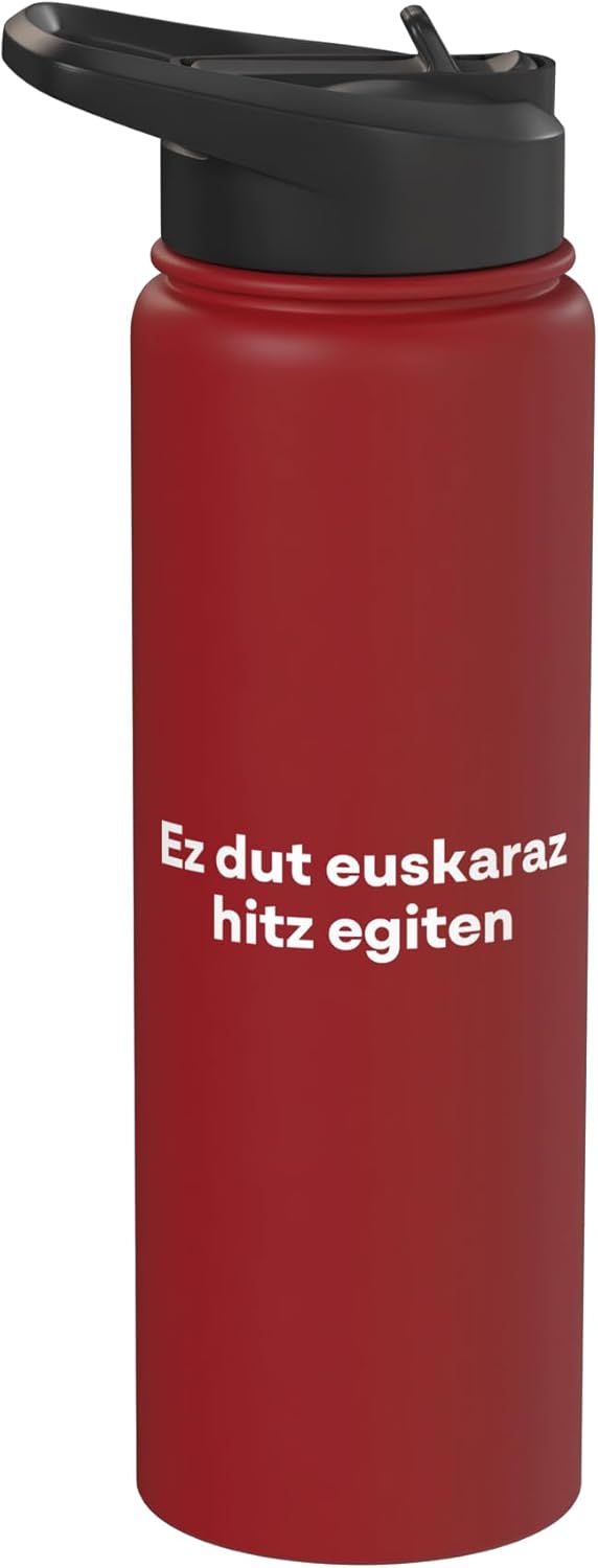 Botella de agua aislada de acero inoxidable con frase en euskera