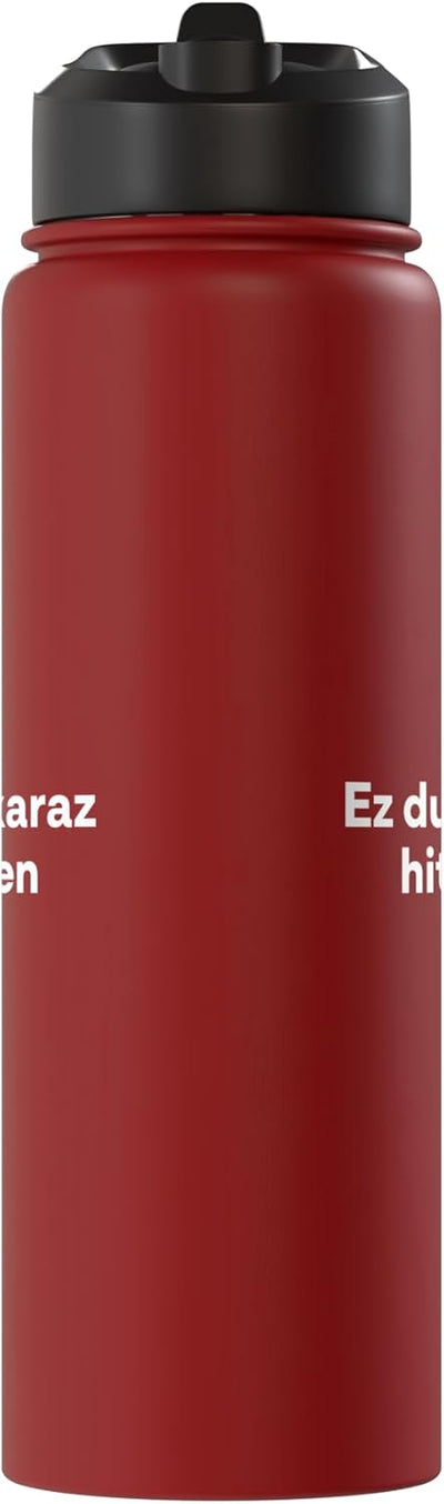 Botella de agua aislada de acero inoxidable con frase en euskera