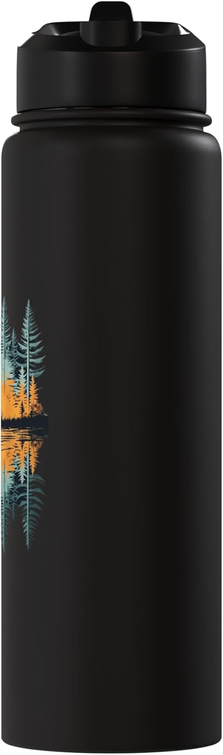 Botella de agua acero inoxidable con escena naturaleza lago reflejo