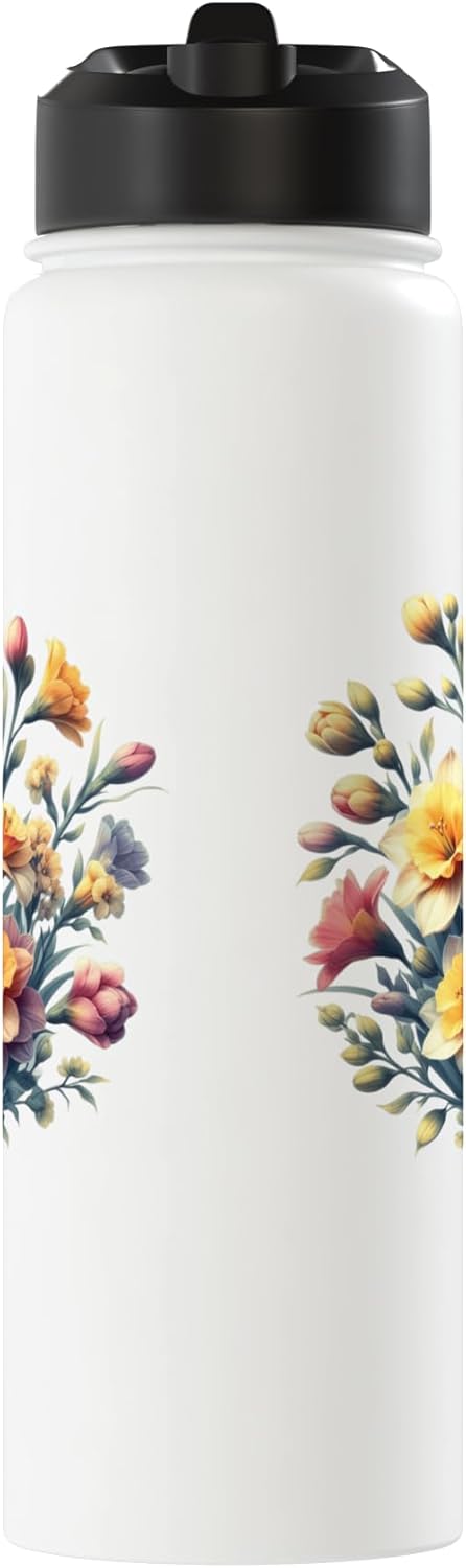 Botella de agua acero inoxidable aislada flores daffodil mes marzo