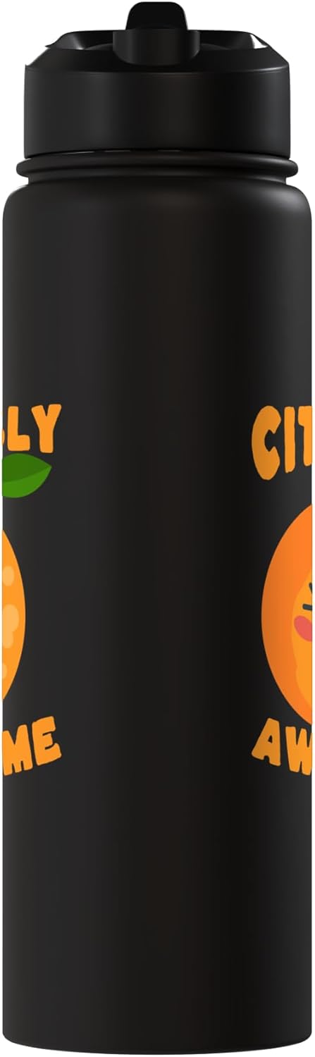 Botella de agua estilizada con fruta naranja acero inoxidable aislada