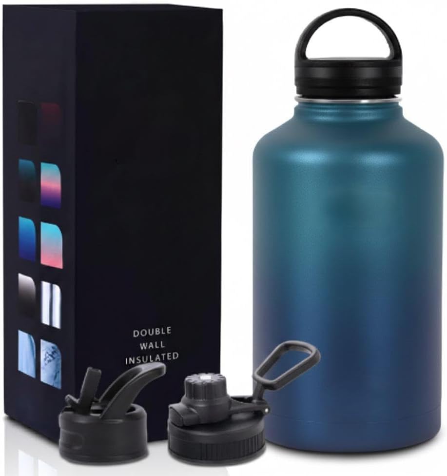 Botella agua acero inox vacío 64oz 3 tapas sin BPA