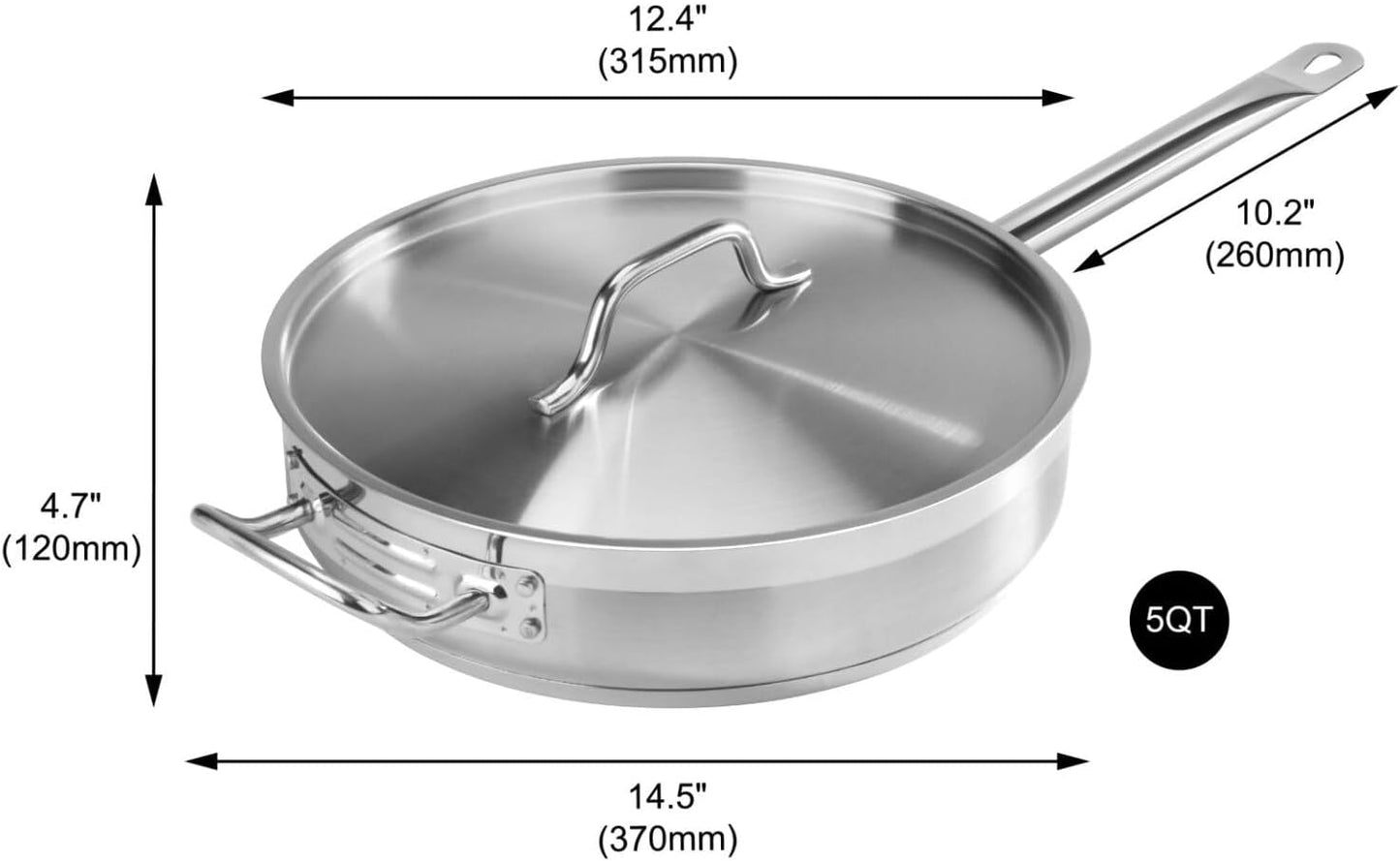 Sartén Acero Inox 5qt Con Tapa Profundidad 3.1pulg