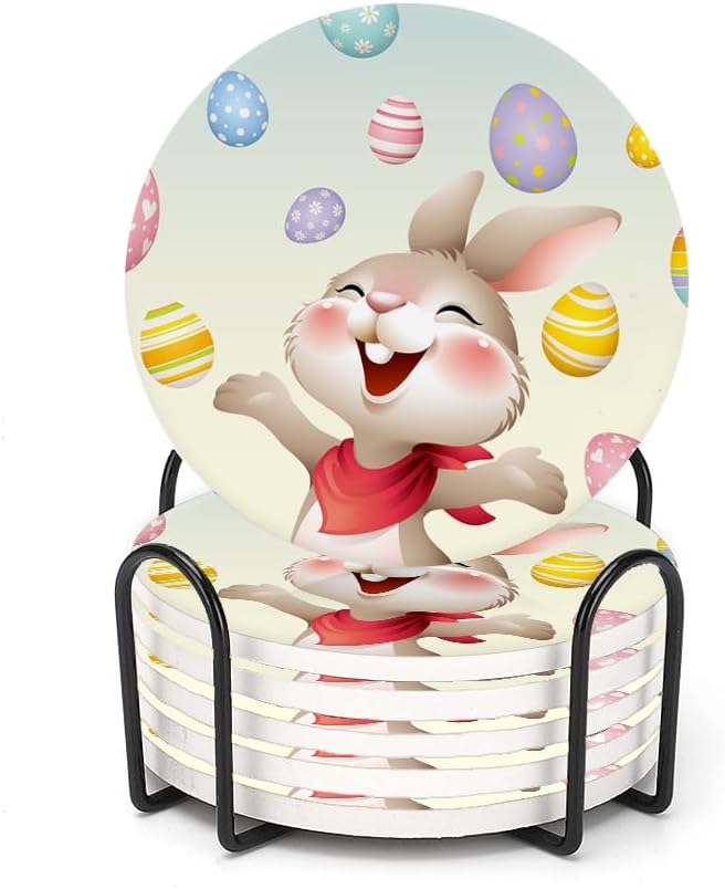 6 Posavasos Cerámica Conejo Sonriente con Soporte Metal