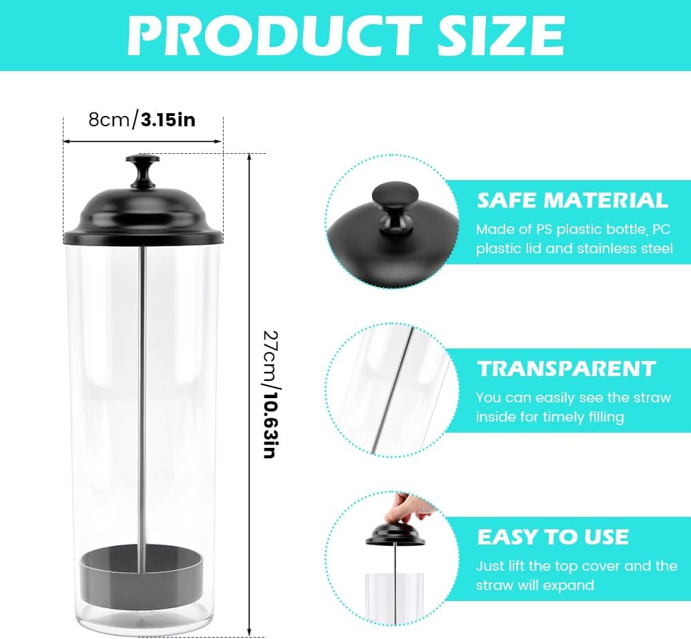 Dispensador de popotes con soporte para encimera y tapa de acero inoxidable