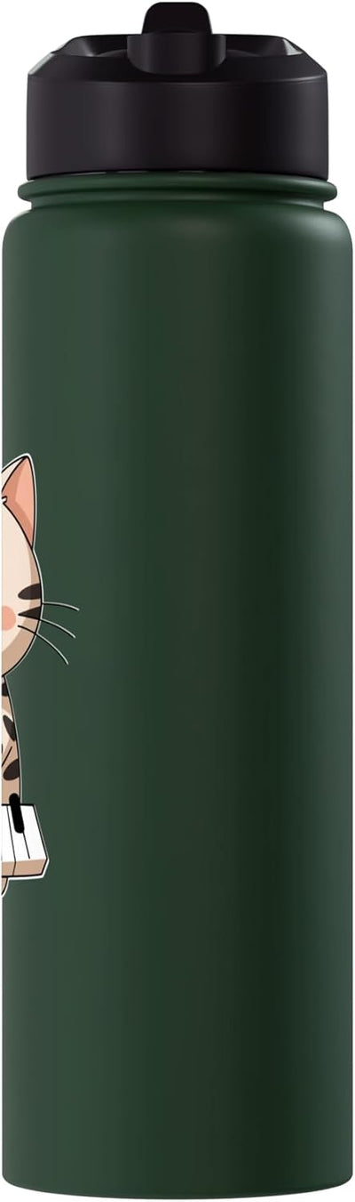 Bottella de agua aislada de acero inoxidable gato jugando teclado