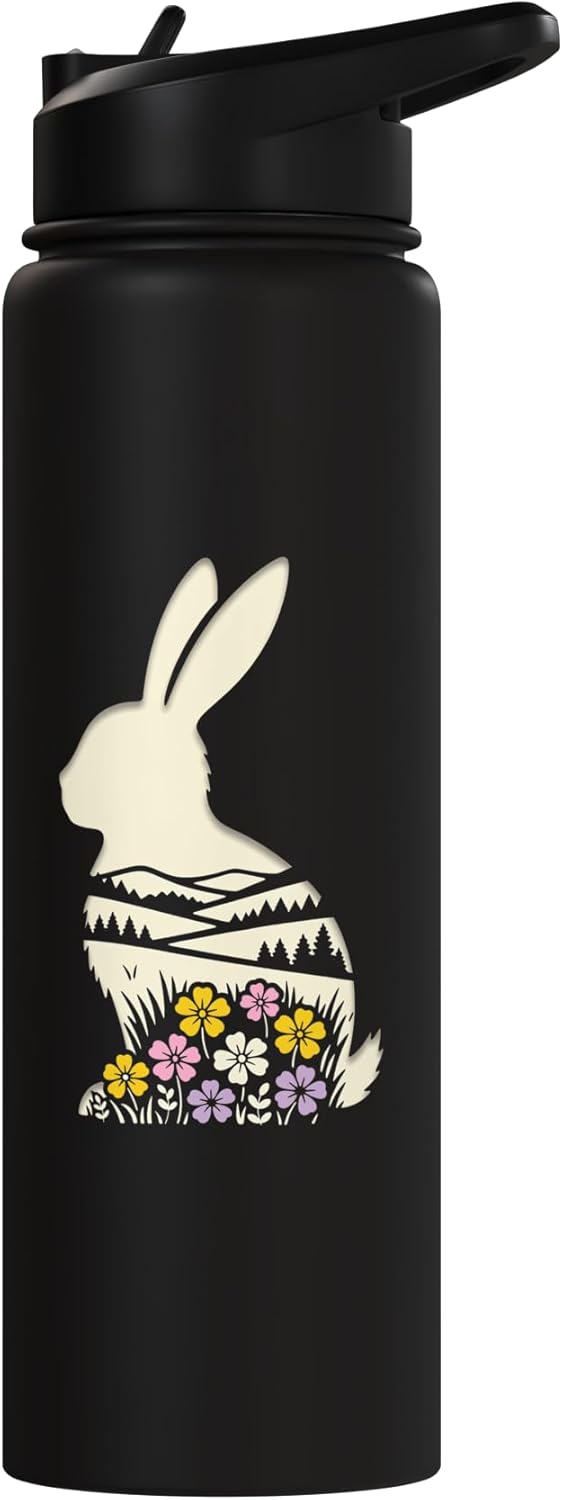 Botella de agua aislada conejito silueta flores primavera