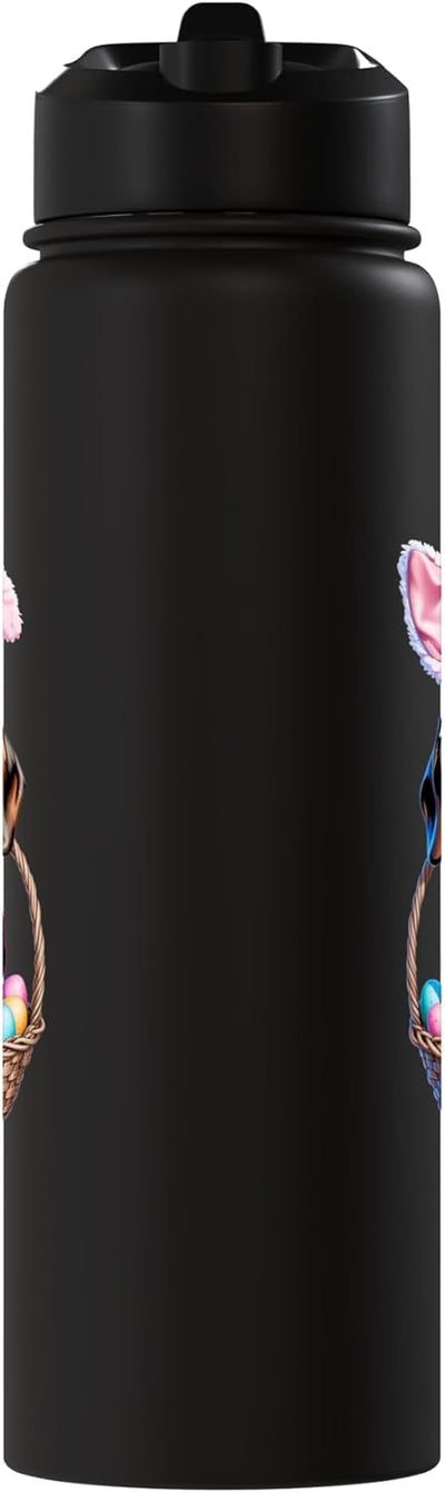 Bolsa de pascua para perro dachshund con botella de agua acero inoxidable aislada