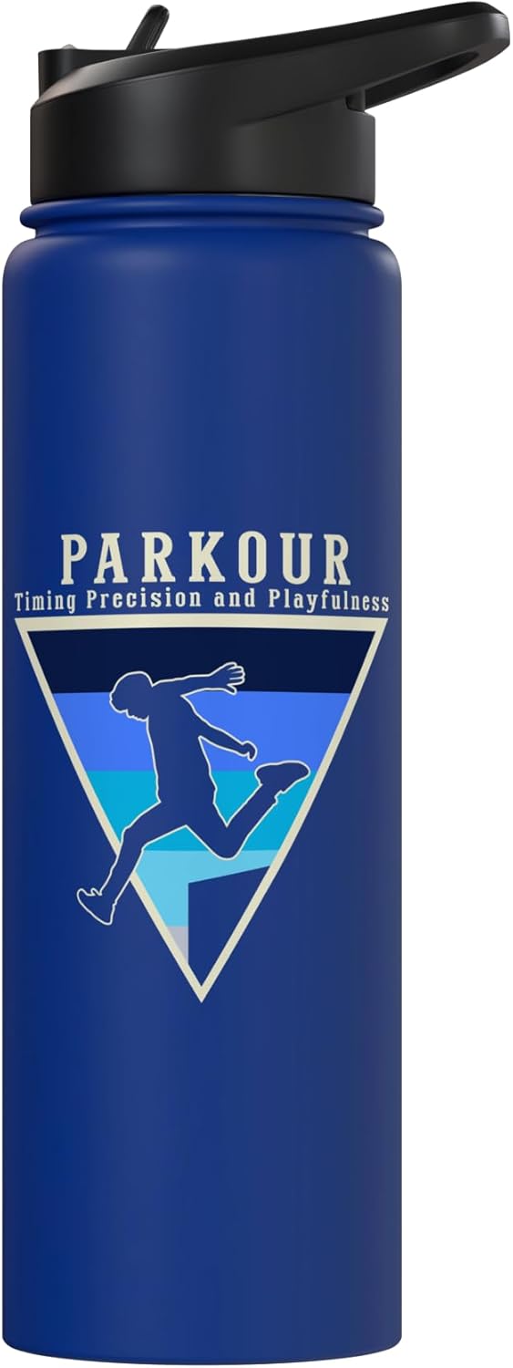 Botella de agua acero inoxidable aislada para parkour con precisión y juguetonería
