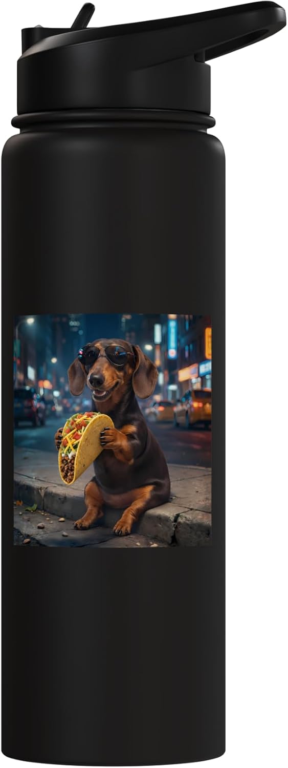 Bottella de agua aislada perro dachshund comiendo taco acero inoxidable
