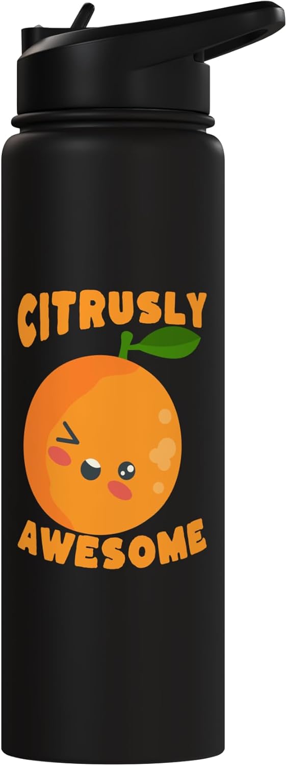 Botella de agua estilizada con fruta naranja acero inoxidable aislada