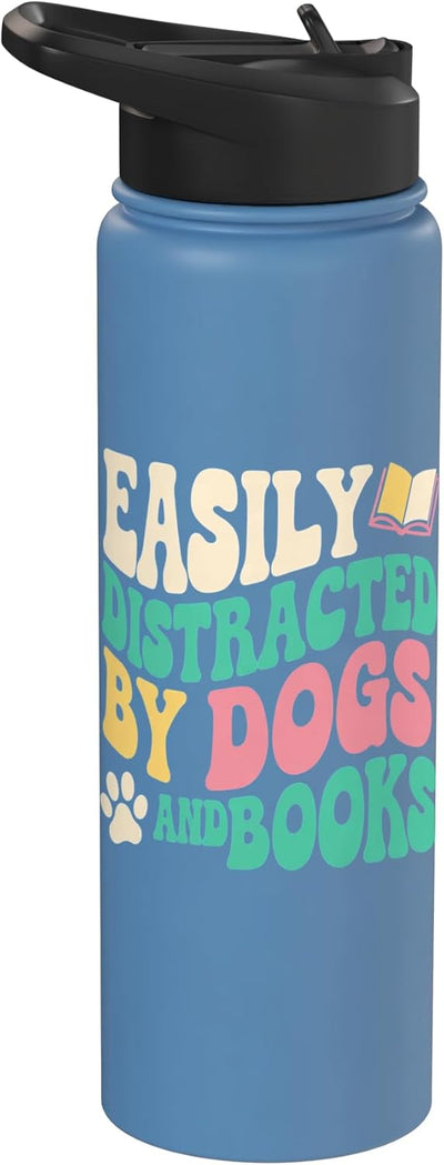 Bottella de agua aislada de acero inoxidable con diseño de lector distraído por libros y perros
