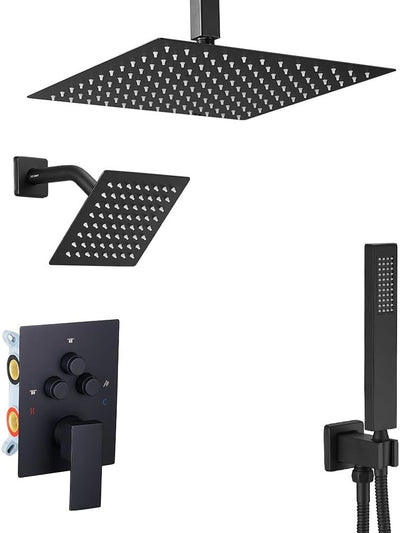 Juego grifo ducha negro mate 12pulg sistema lluvia 2 cabezales
