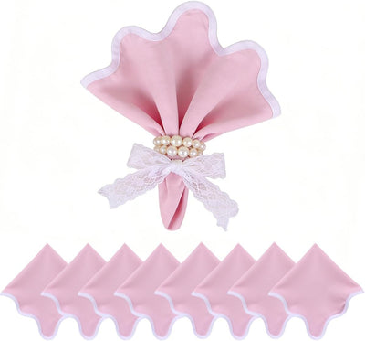 Set 8 Servilletas Lino Rosa Blanco 17pulg Hechas a Mano