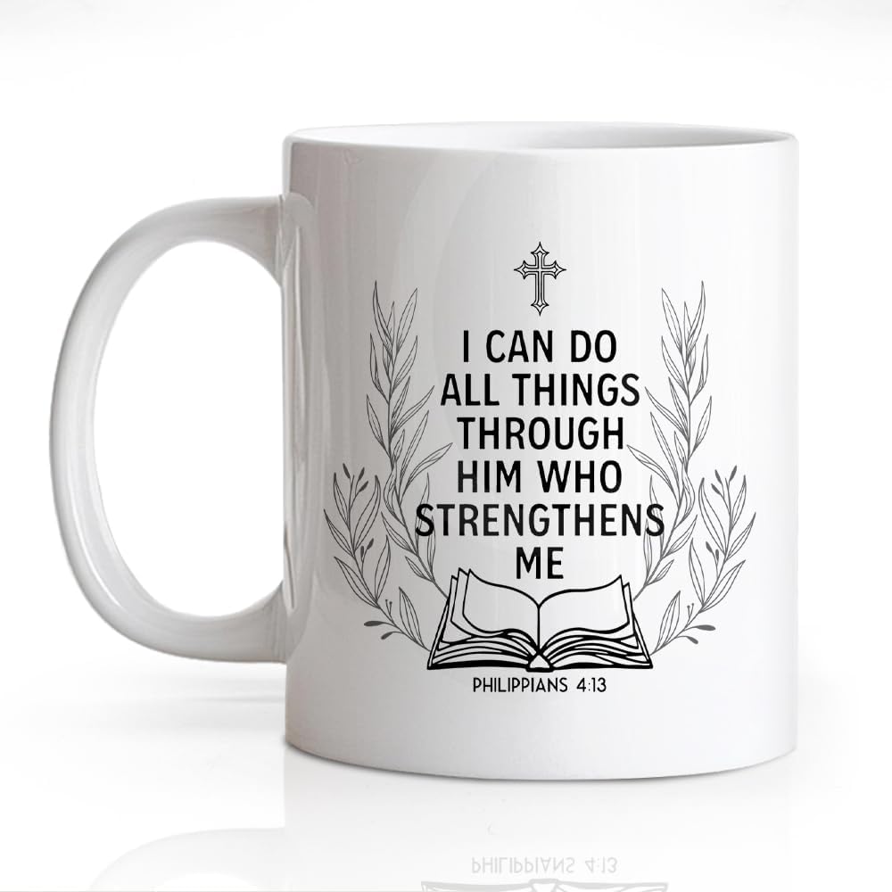 Taza de cerámica doble cara con texto en inglés "I Can Do All Things Through Him"