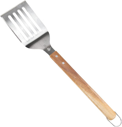 Espátula acero inox 17pulg borde dentado mango acacia