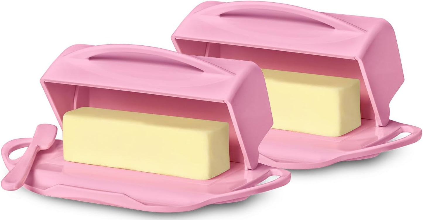 Mantequillera abatible con cuchillo rosa sin BPA paquete de 2