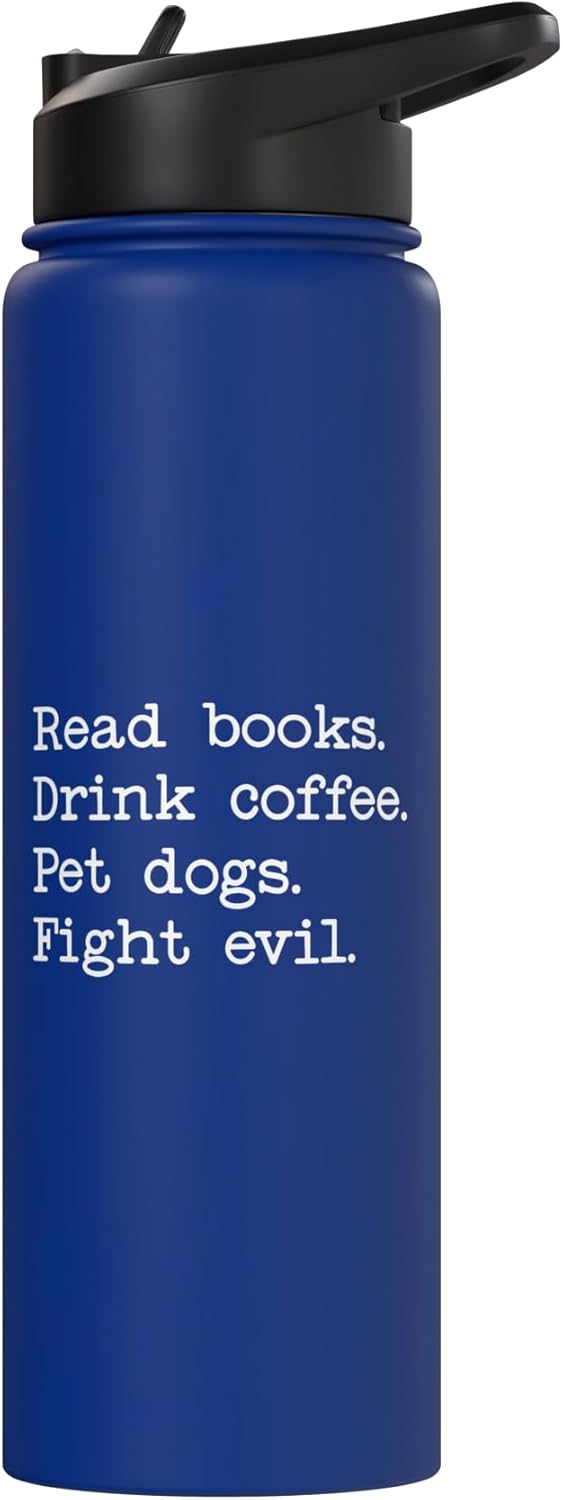 Bote de agua acero inoxidable aislado libros café lucha contra perros