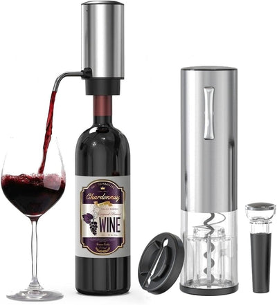 Juego abridor vino eléctrico 4en1 con aireador acero inox