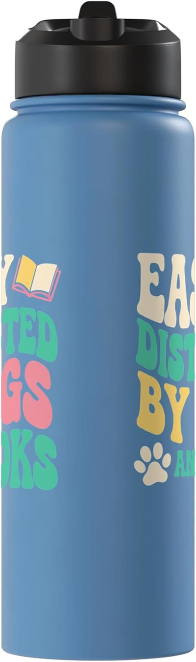 Bottella de agua aislada de acero inoxidable con diseño de lector distraído por libros y perros