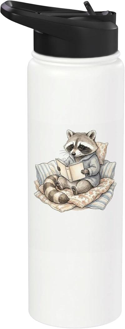 Botella de agua acero inoxidable aislada con dibujo de zorro lectura en cama