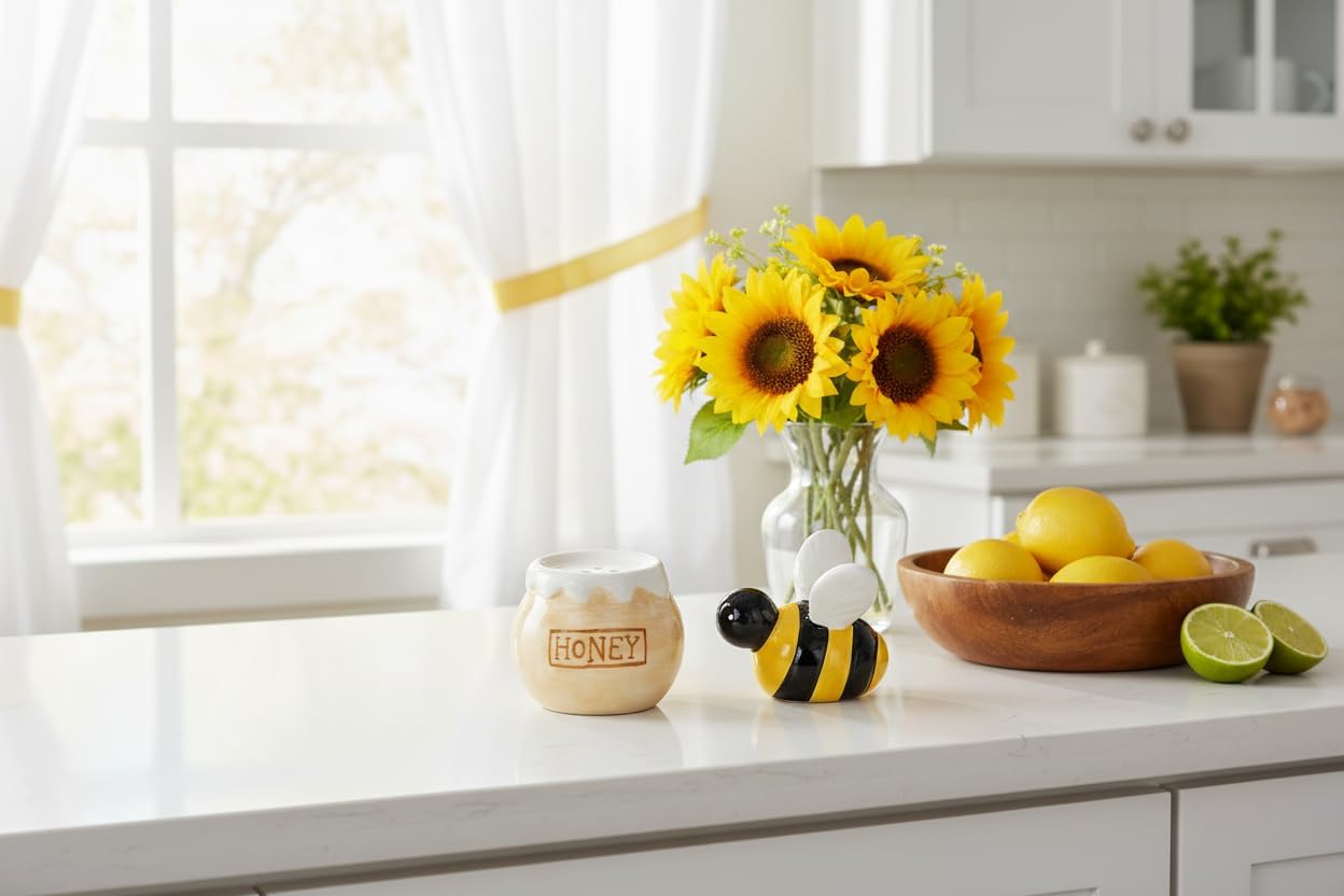 Juego de salero y pimentero de miel cerámica amarillo y negro decoración cocina comedor primavera verano