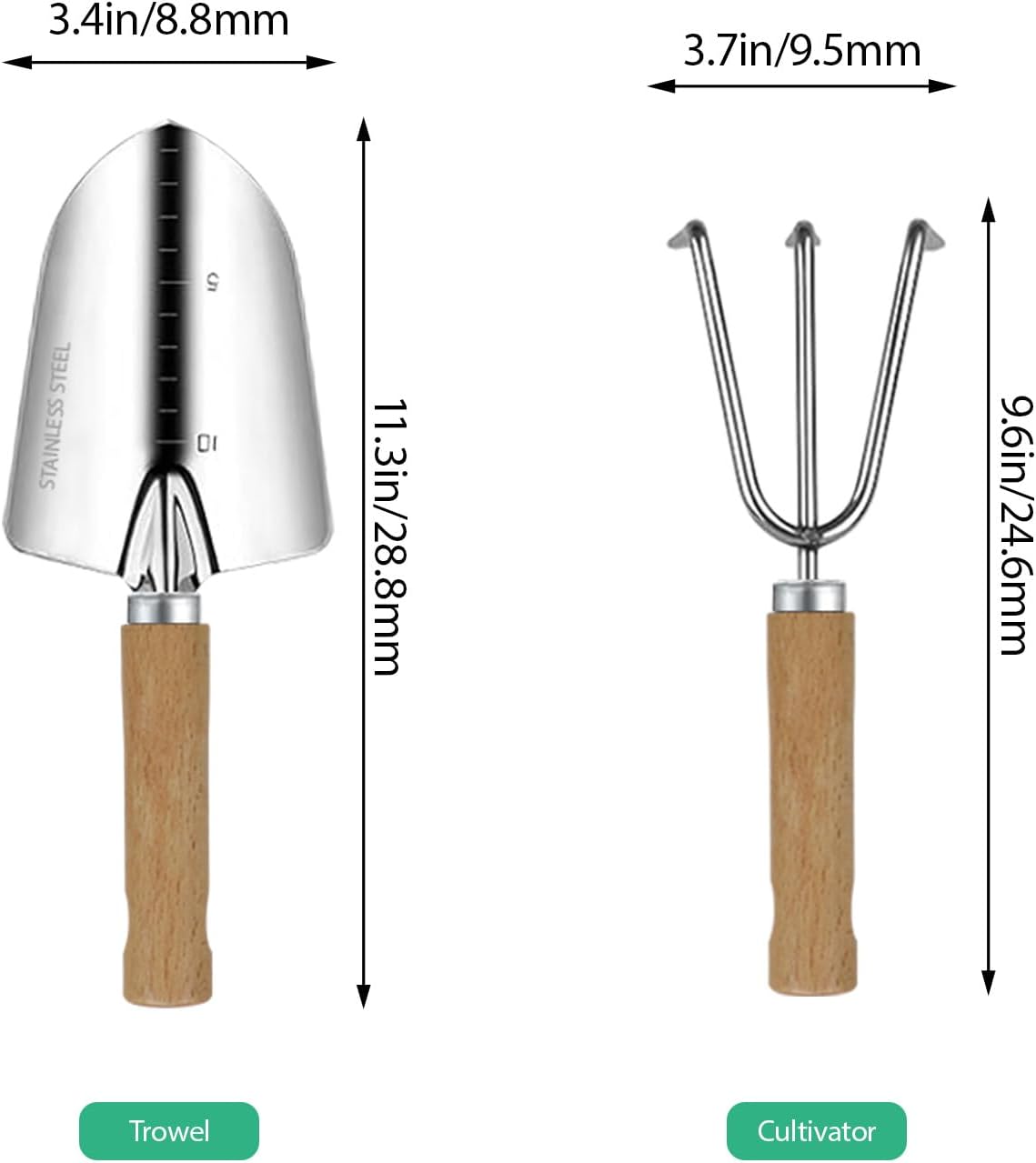 Juego 2 herramientas jardinería acero inox asa