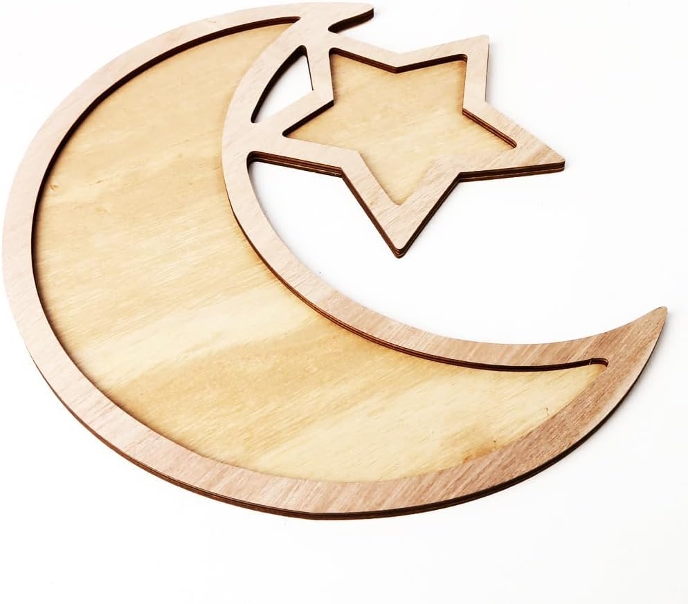 Bandeja madera postre Eid Mubarak con estrella luna