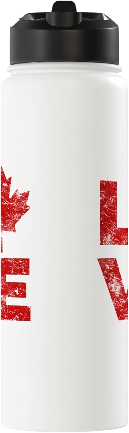 Botella de agua aislada retro con hoja de maple canadiense