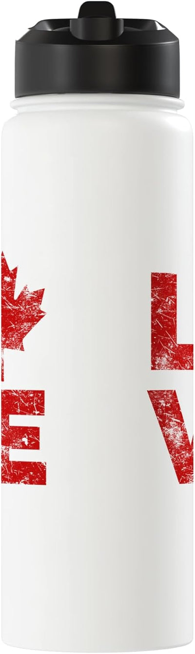 Botella de agua aislada retro con hoja de maple canadiense