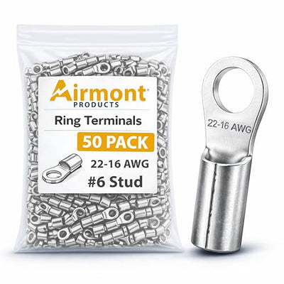 50 Terminales Anillo Acero Niquelado 22-16AWG Perno 6 Clasif 900F