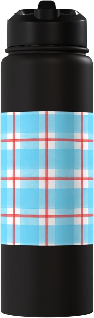 Botella de agua estampado gingham azul y rojo acero inoxidable aislada