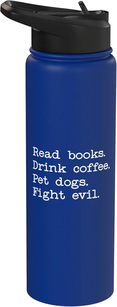 Bote de agua acero inoxidable aislado libros café lucha contra perros