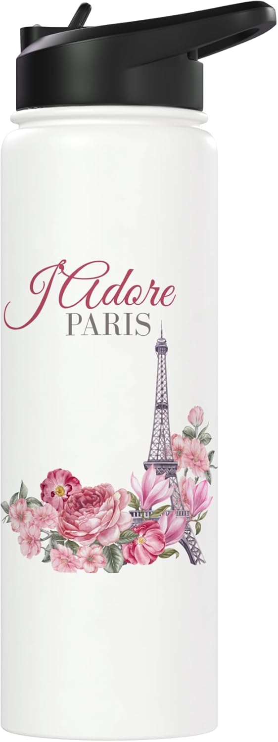 Botella de agua aislada de acero inoxidable con diseño floral de París