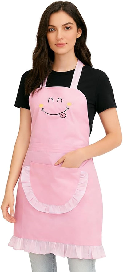 Delantal rosa Love Potato Bonito con cara sonriente, correas ajustables y bolsillo para cocina