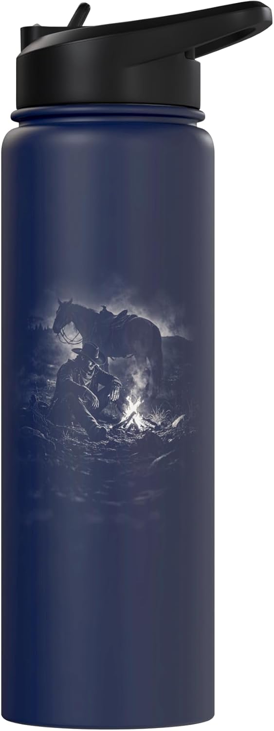Botella de agua acero inoxidable aislada Lone Cowboy con caballo noche