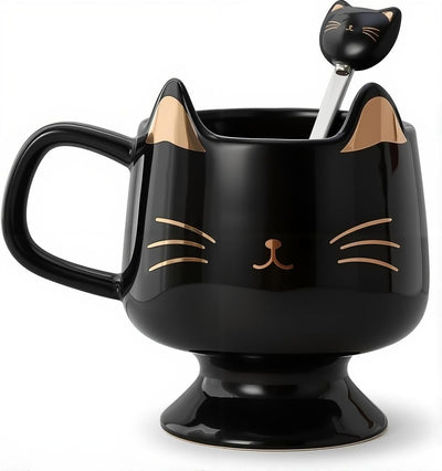 Taza de café de cerámica con cuchara y diseño de gato negro