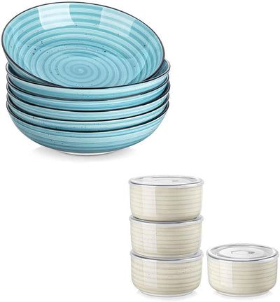 Set 6 Cuencos Pasta 38oz y Set 4 Cerámica 36oz Con Tapa