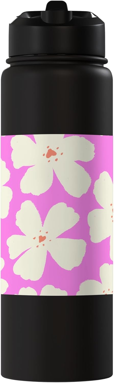Botella de agua aislada de acero inoxidable con flores de color crema y rosa