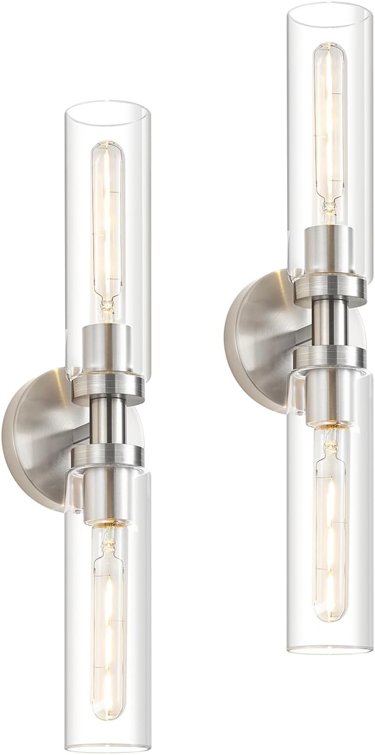 2 Pzas Aplique Baño 2 Luces Níquel Cepillado Vidrio Transparente