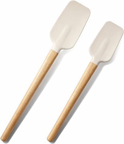 Juego de 2 espátulas de silicona blanca con mango de madera para chefs y cocina