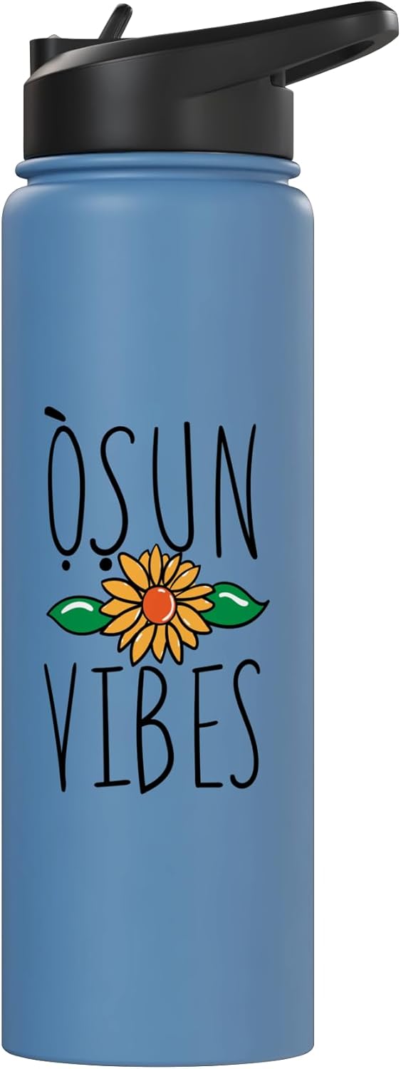 Botella de agua aislada de acero inoxidable negra Oxum regalo religión yoruba