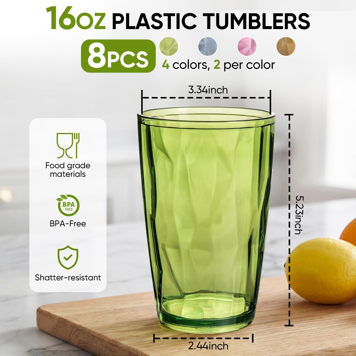 Paquete de 8 vasos de plástico reutilizable de 16 oz irrompible